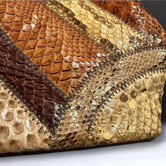 Supreme Vintage Patchwork Snakeskin Leather Handbag Brown Tan Top Handle Purse - Picture 8 of 12